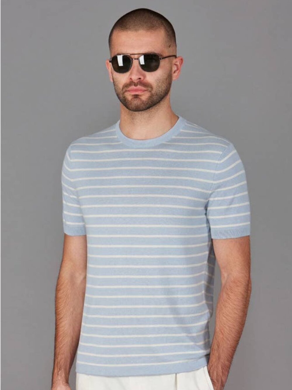 Paul James Light Blue Knit Cotton Wider Stripe T-Shirt